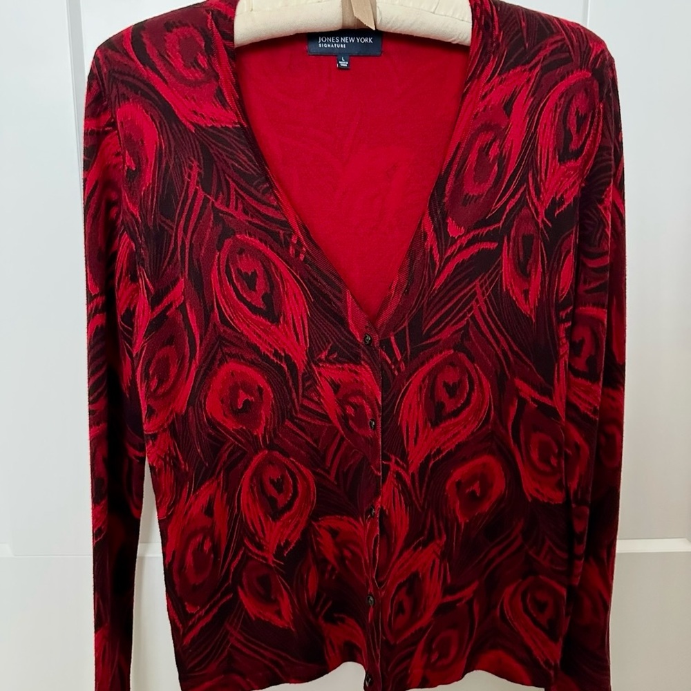 Jones New York Vintage Red and Black Abstract Cardigan